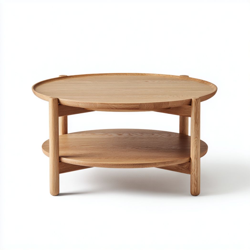 Table basse ronde en chêne naturel avec étagère de rangement