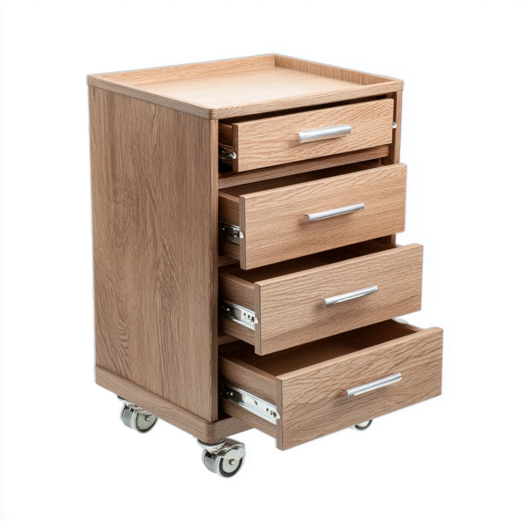 Caisson en panneau mélaminé bois naturel à quatre tiroirs avec roulettes