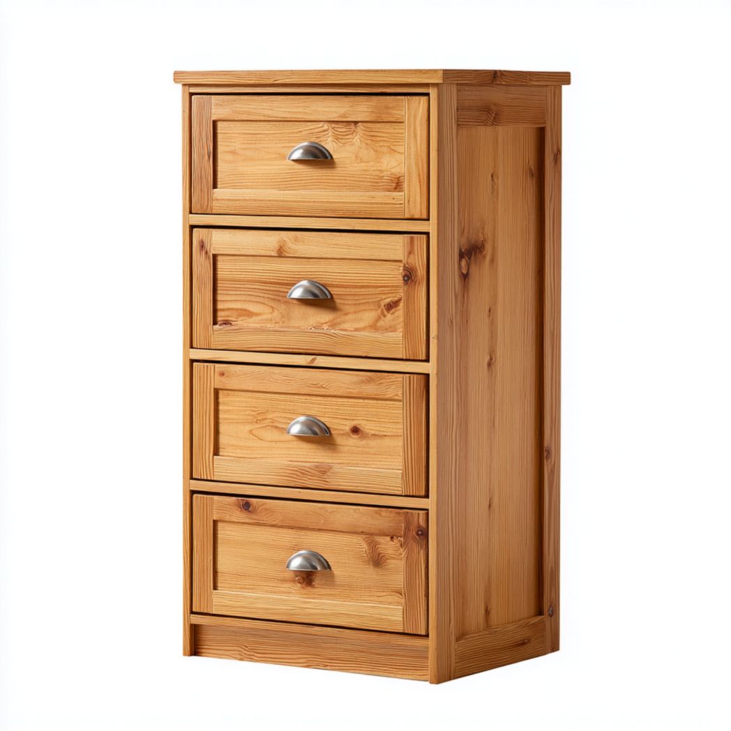 Commode en bois naturel à quatre tiroirs avec poignées métalliques argentées