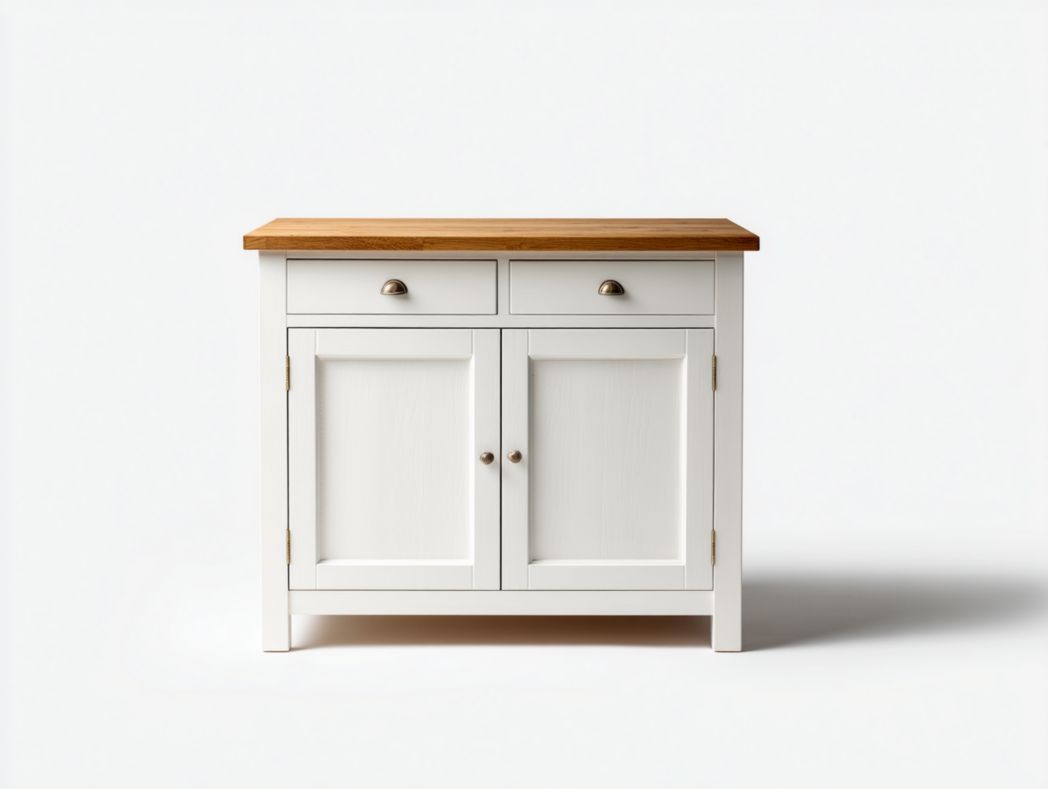 Buffet blanc et bois naturel à 2 tiroirs et 2 portes, poignées en métal couleur laiton