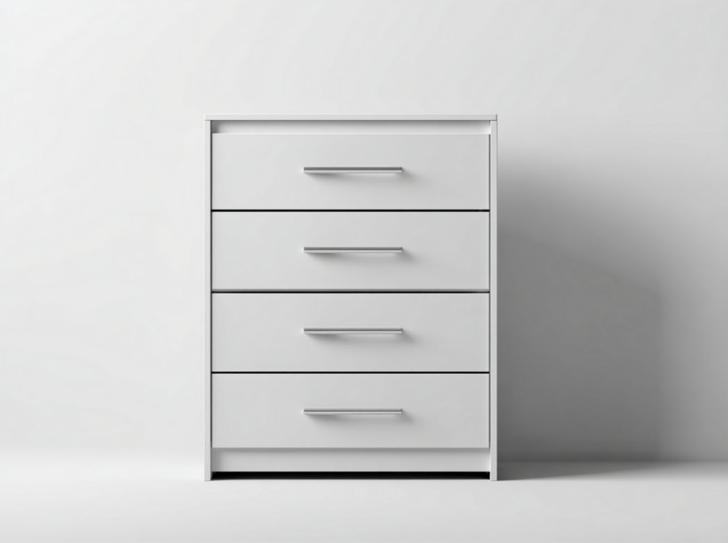 Commode blanche à quatre tiroirs avec poignées métalliques argentées