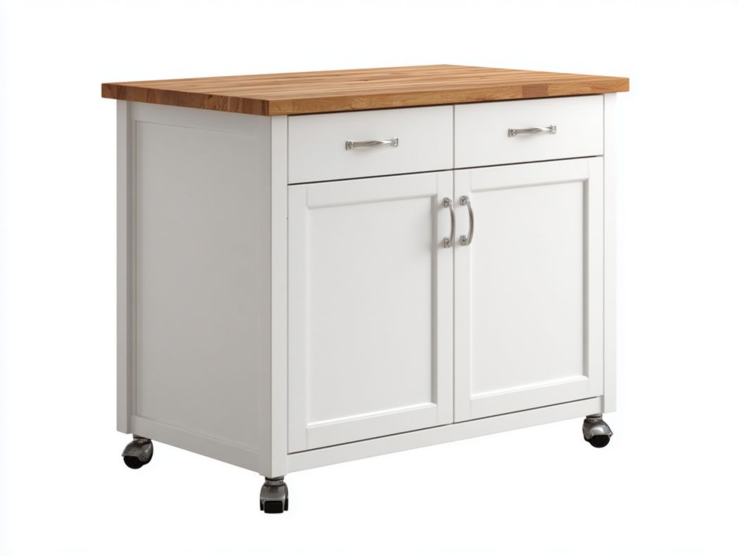 Îlot central de cuisine blanc avec plateau en bois chêne, tiroirs et rangement sur roulettes