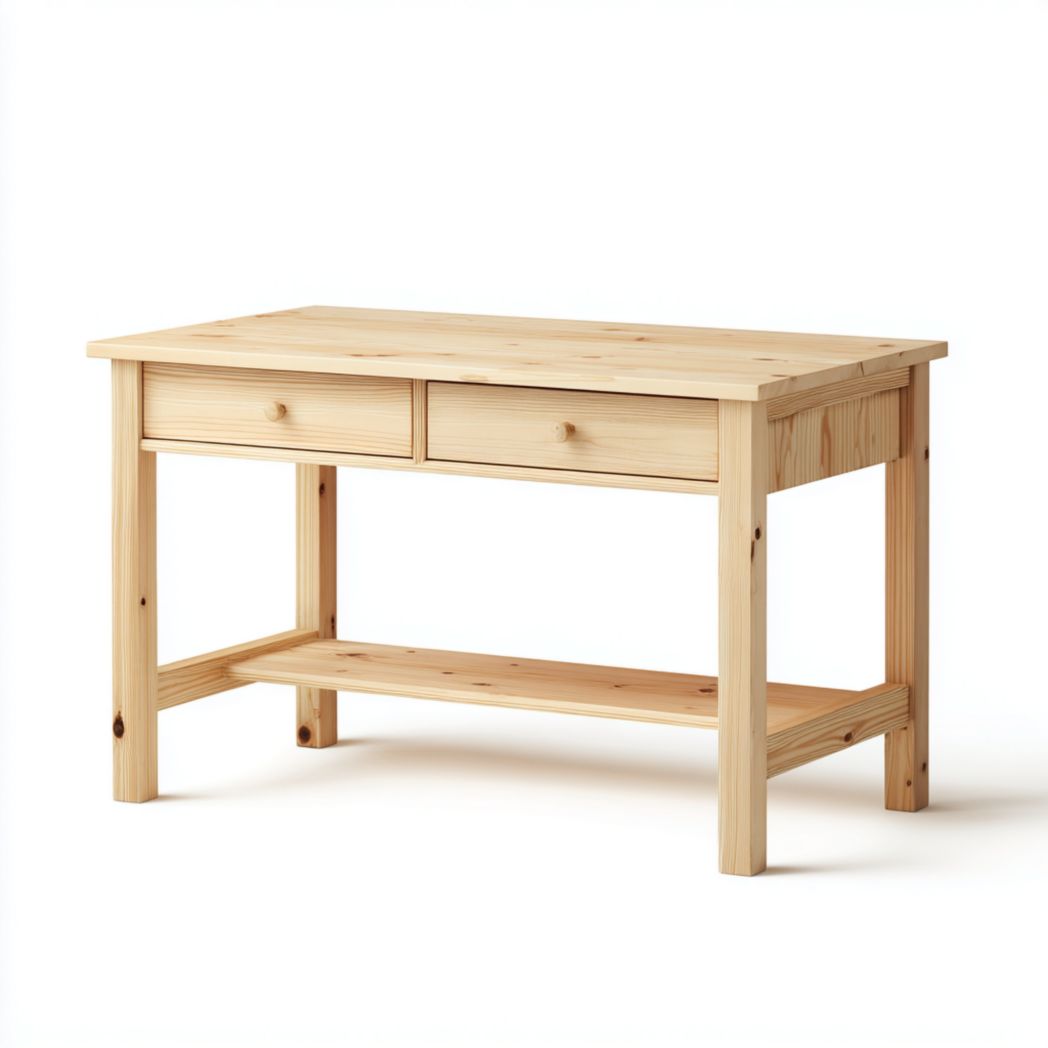 Bureau en bois naturel avec deux tiroirs, poignée ronde et tablette inférieure