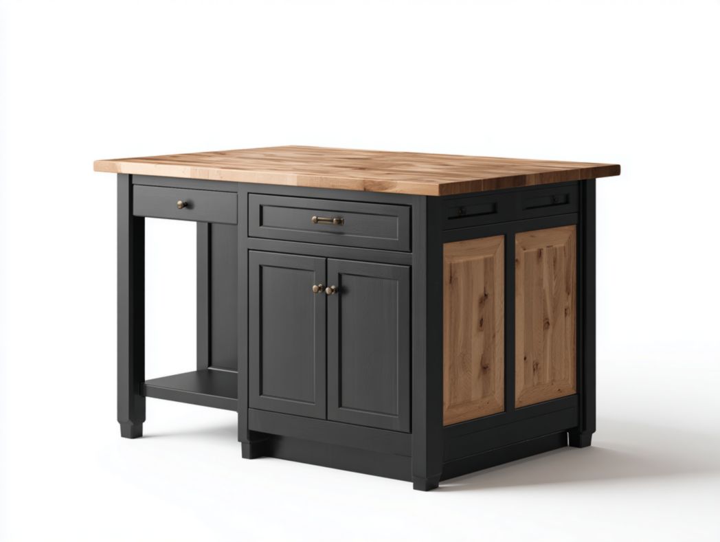 Îlot central de cuisine gris foncé avec plateau et portes en chêne massif
