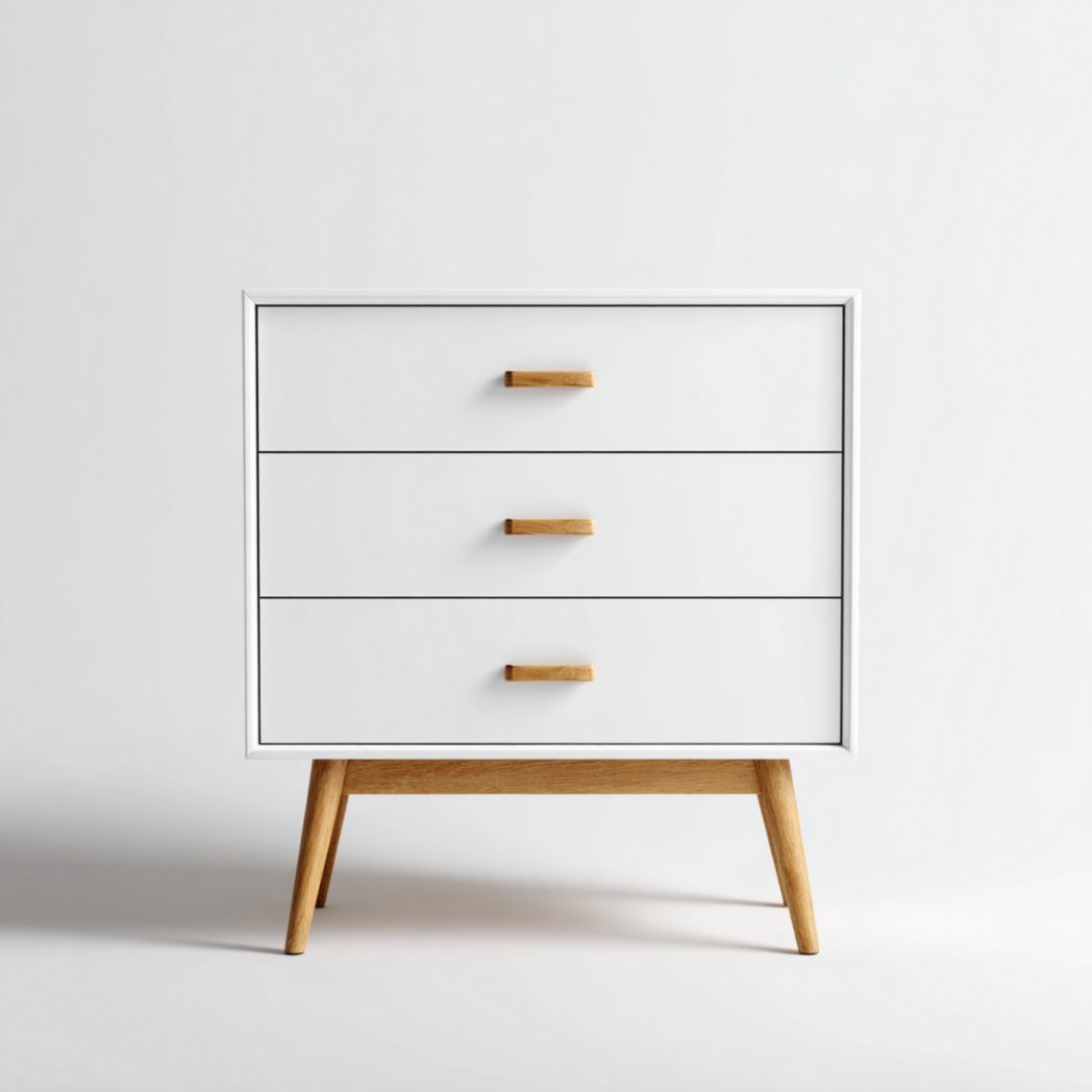 Commode blanche à trois tiroirs avec poignées et pieds en bois naturel