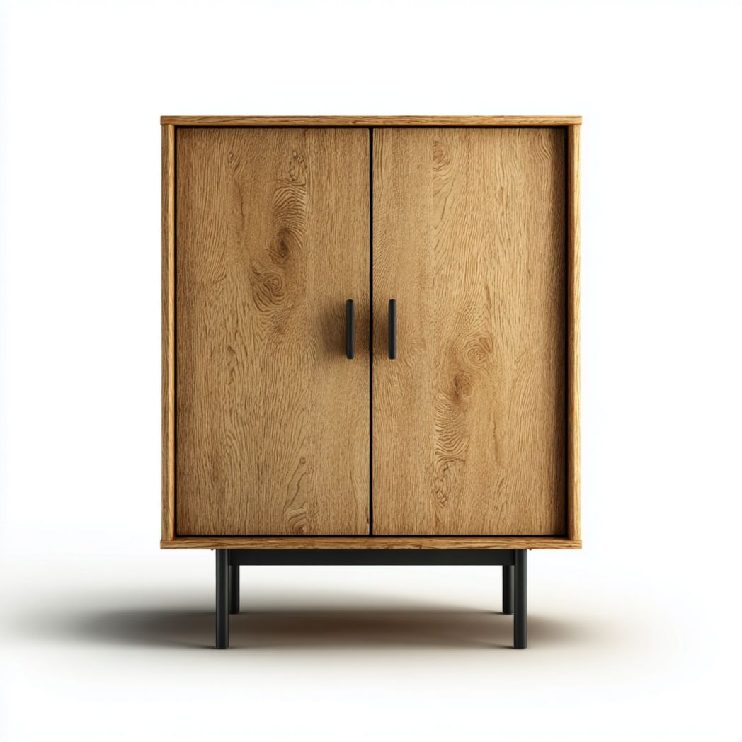 Meuble à chaussures en bois naturel à 2 portes avec poignées et pieds en métal noir