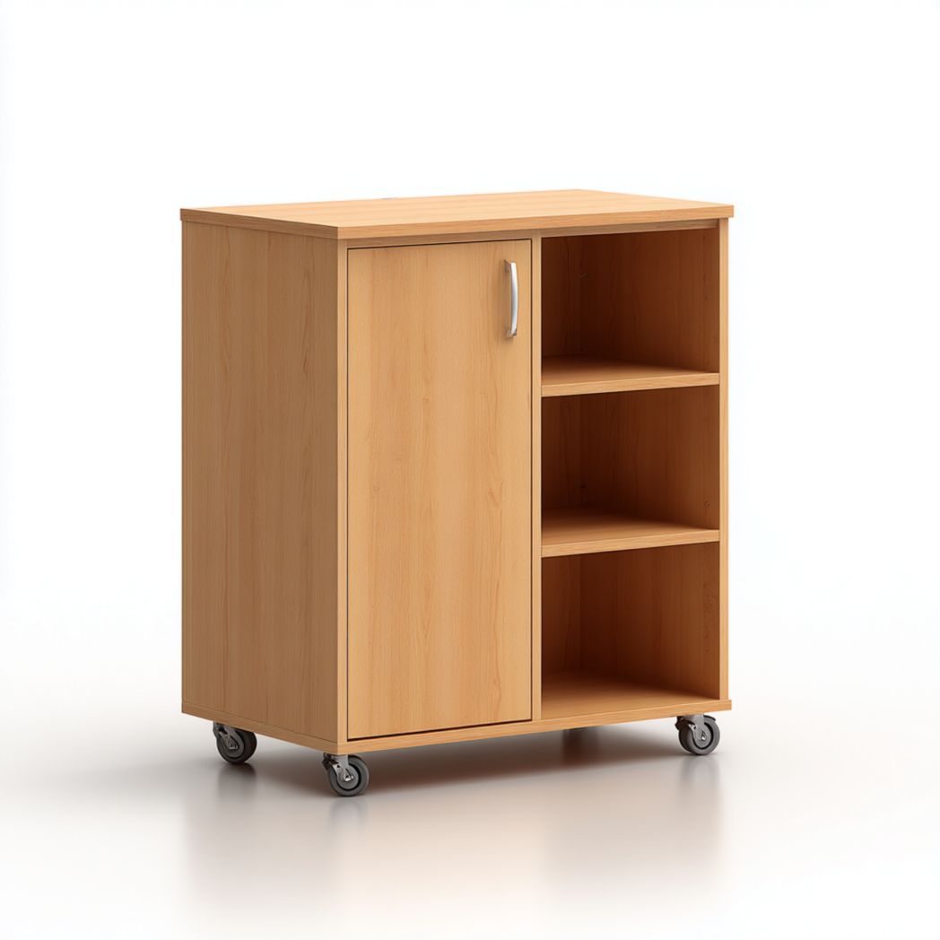 Caisson en panneau mélaminé bois naturel à porte, étagères et roulettes