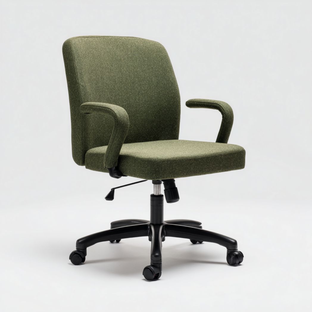 Chaise de bureau en tissu texturé vert olive avec base métallique noire réglable en hauteur et accoudoirs
