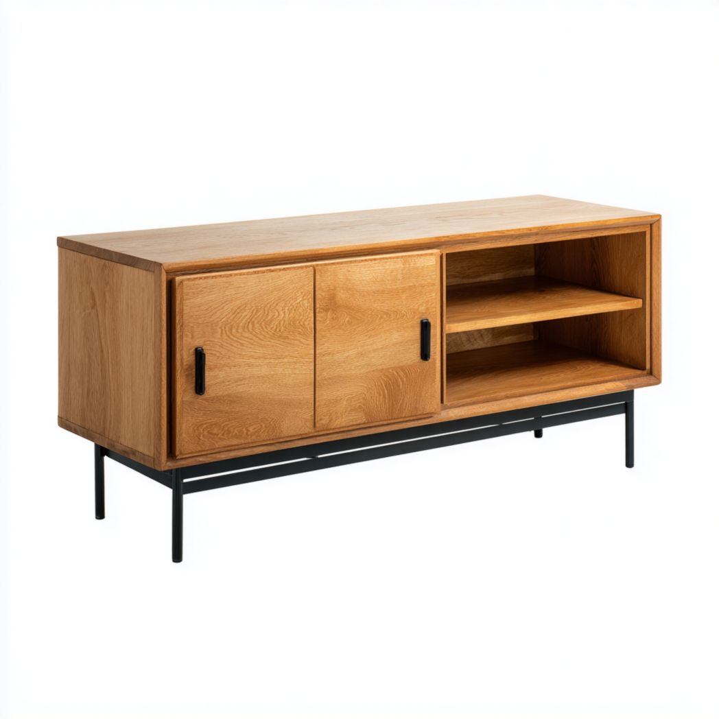 Meuble TV en chêne avec structure en métal noir et rangements ouverts