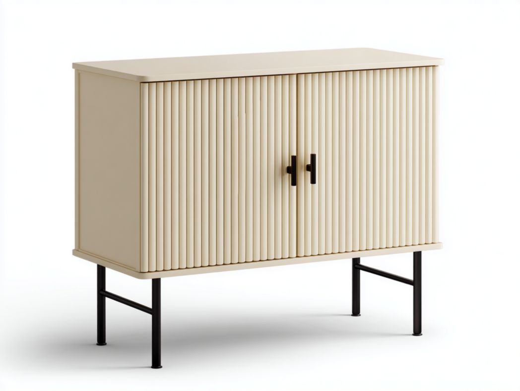 Meuble à chaussures beige à portes à lamelles avec pieds et poignées en métal noir