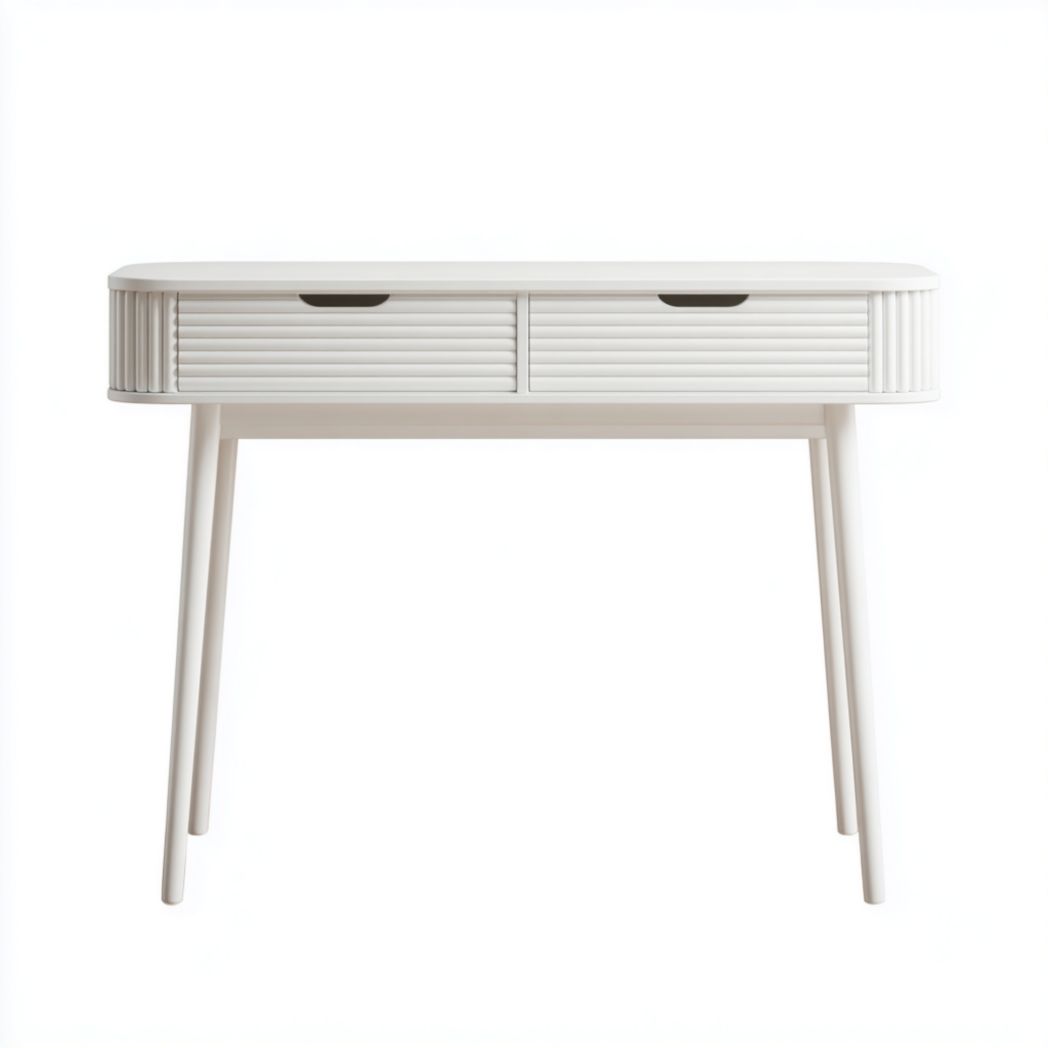 Bureau blanc à deux tiroirs rainurés au design minimaliste