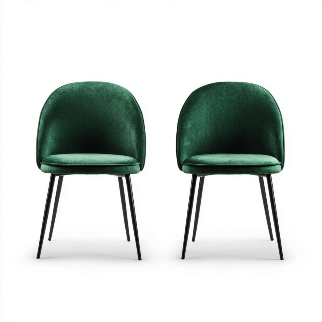 Lot de 2 chaises de salle à manger en velours vert foncé avec pieds en métal noir