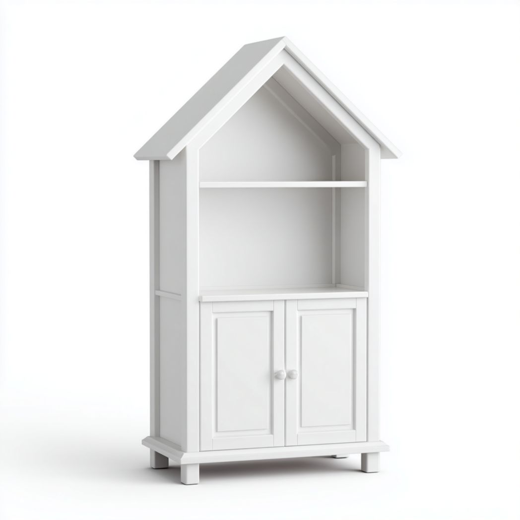 Bibliothèque enfant blanche en forme de maison avec étagère ouverte et armoire à deux portes