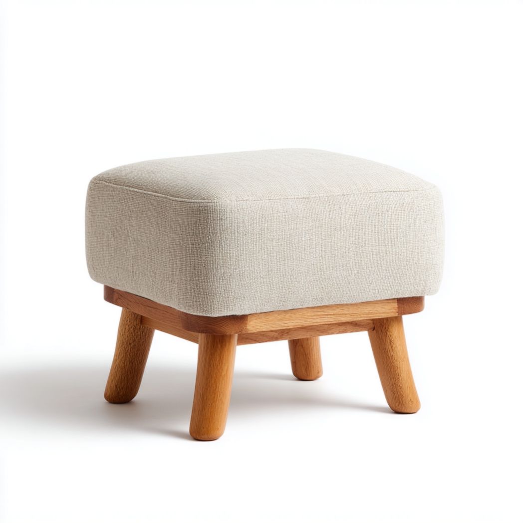 Tabouret carré en tissu coton et lin beige avec pieds en bois massif couleur bois naturel