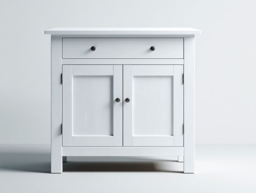 Buffet en bois massif blanc avec tiroir et portes, poignées rondes en métal noir