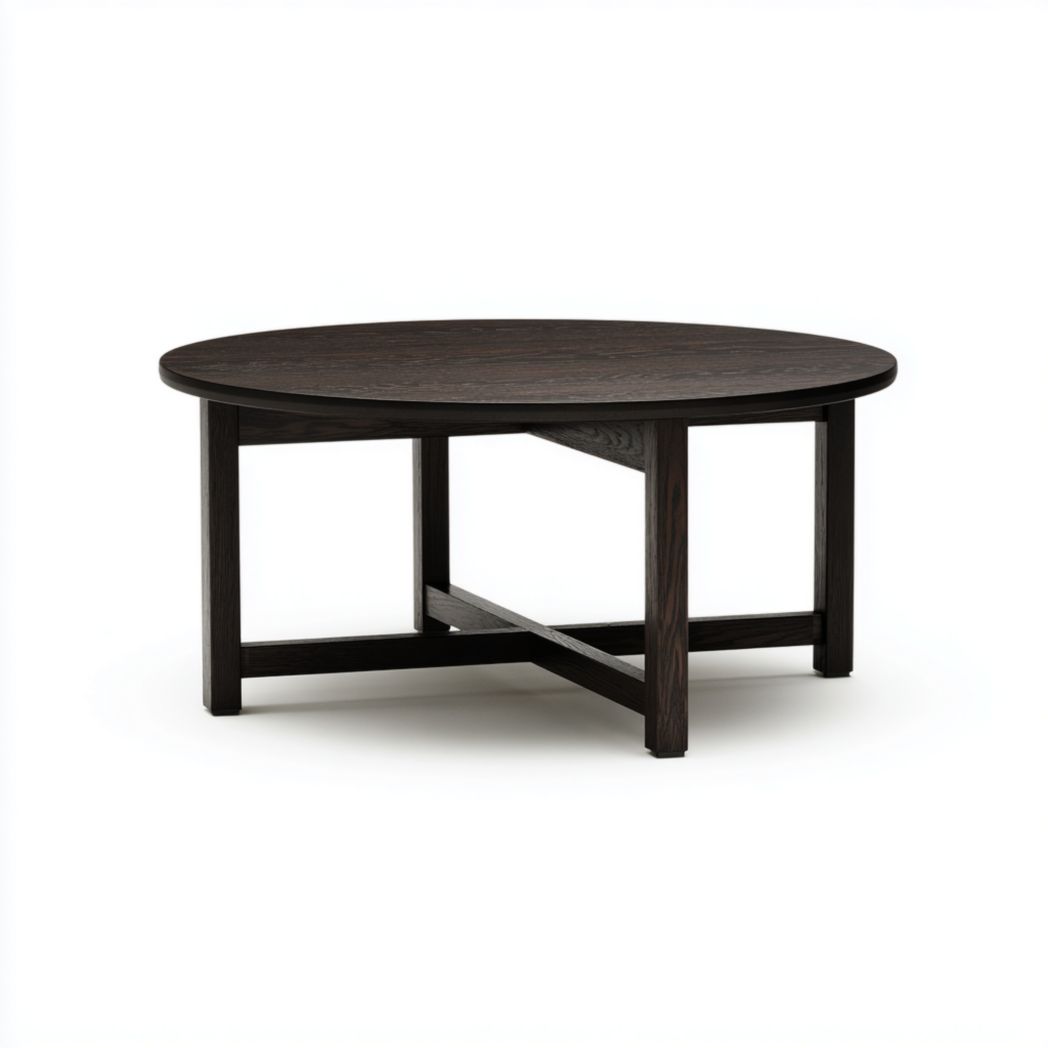 Table basse ronde en noyer avec piètement croisé