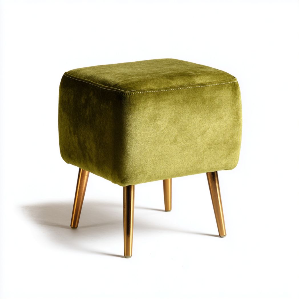 Tabouret carré en velours vert olive avec pieds en métal doré