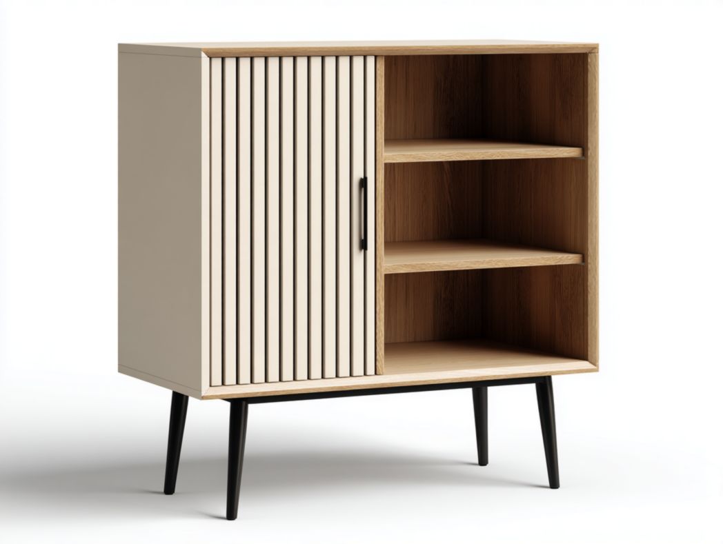 Meuble à chaussures blanc cassé et bois naturel avec porte à lamelles et étagères ouvertes