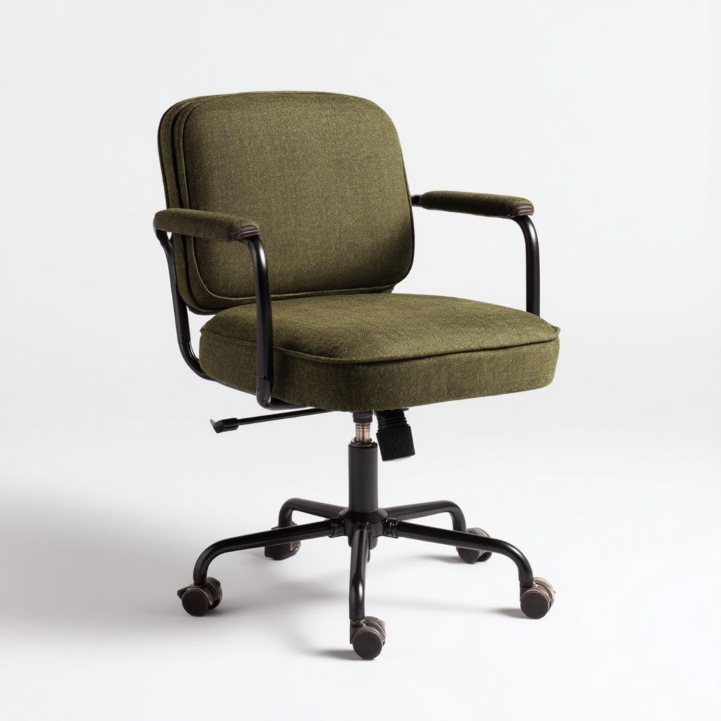 Chaise de bureau en lin vert avec base métallique noire réglable en hauteur