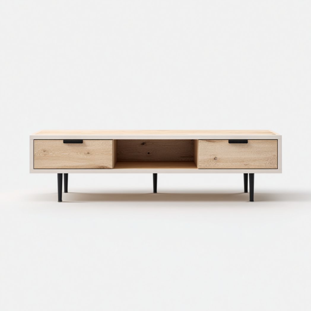 Meuble TV en chêne naturel avec tiroirs et pieds en métal noir