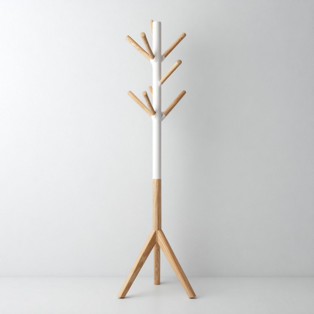 Portemanteau sur pied blanc avec crochets et base en bois naturel