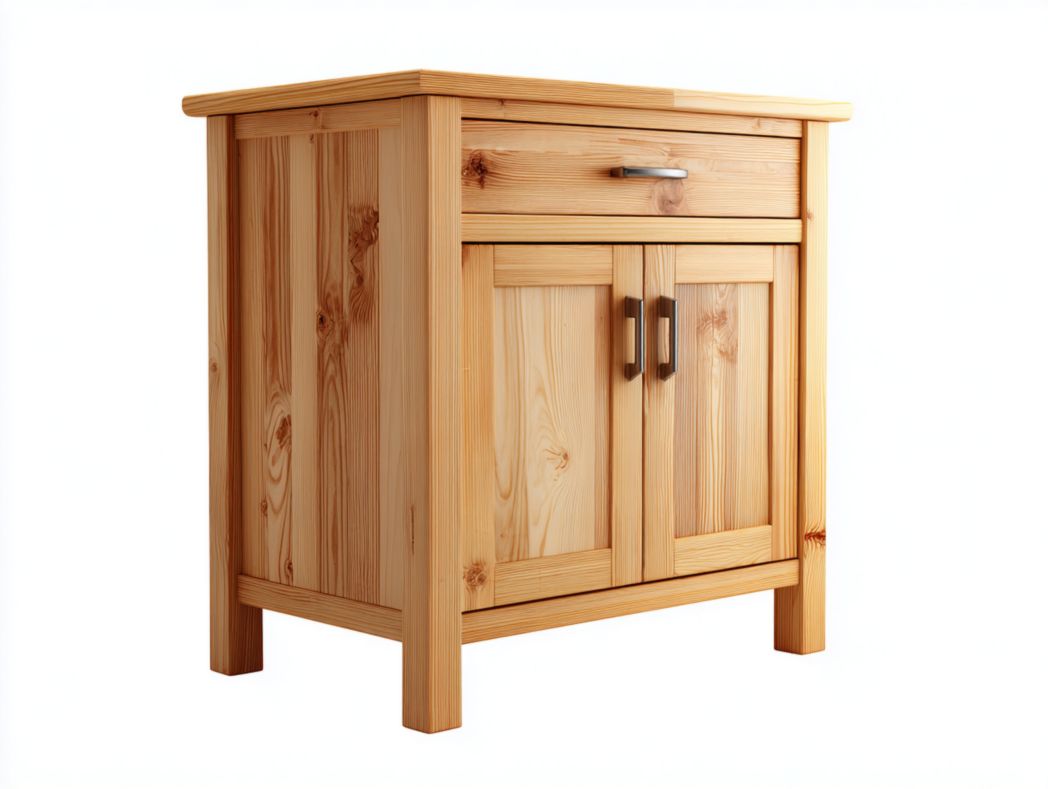 Buffet en bois massif naturel avec tiroir et portes, poignées en métal argenté et brun foncé