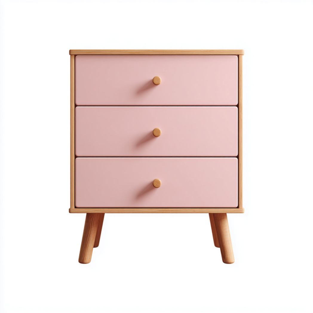 Commode enfant rose et bois naturel à 3 tiroirs avec pieds en bois