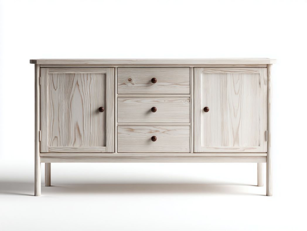 Buffet en bois massif naturel à 3 tiroirs et 2 portes, poignées rondes en bois brun