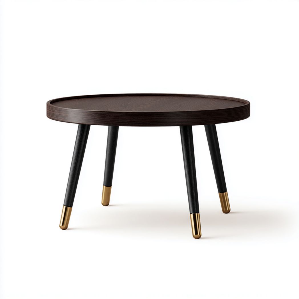 Table basse ronde en bois noyer avec pieds noirs et embouts dorés