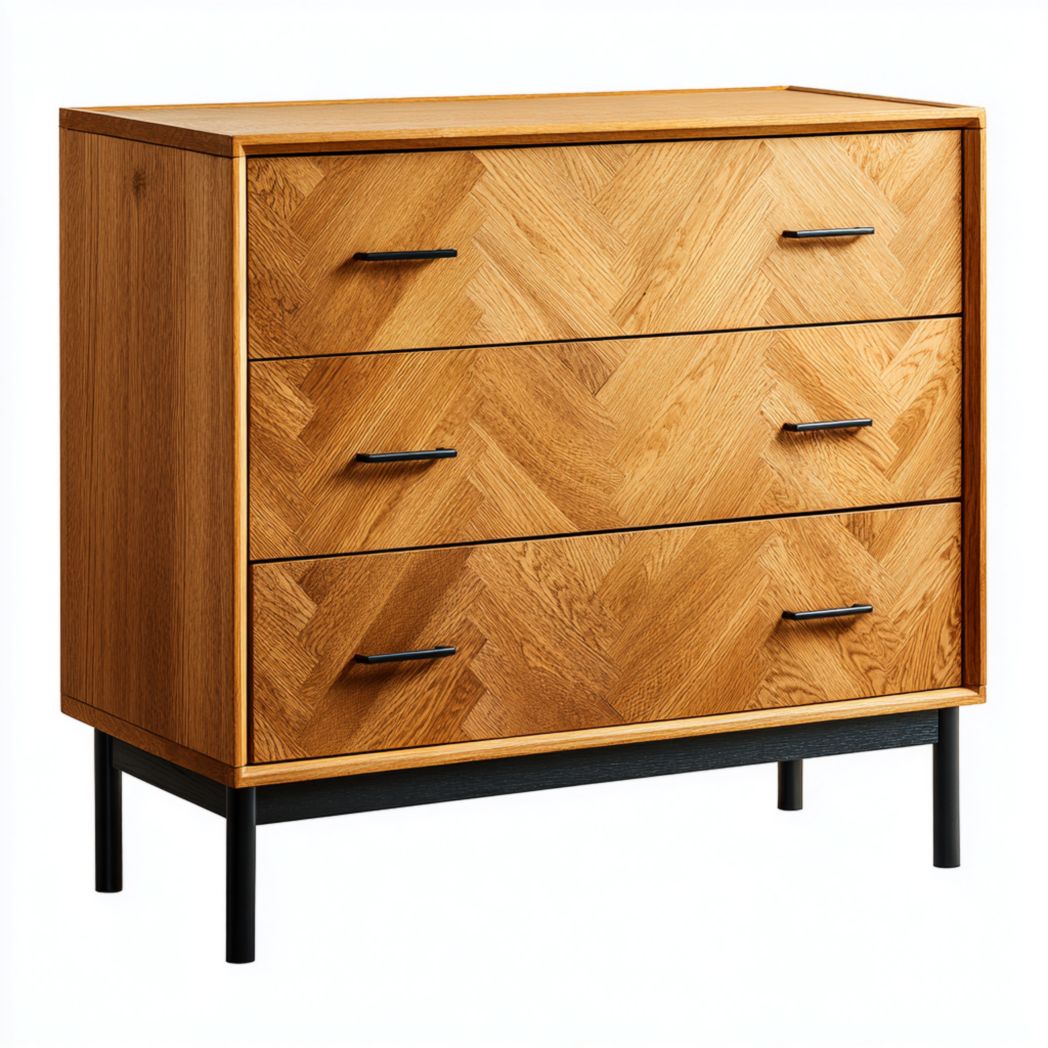 Commode en bois naturel à trois tiroirs avec poignées et pieds en métal noir