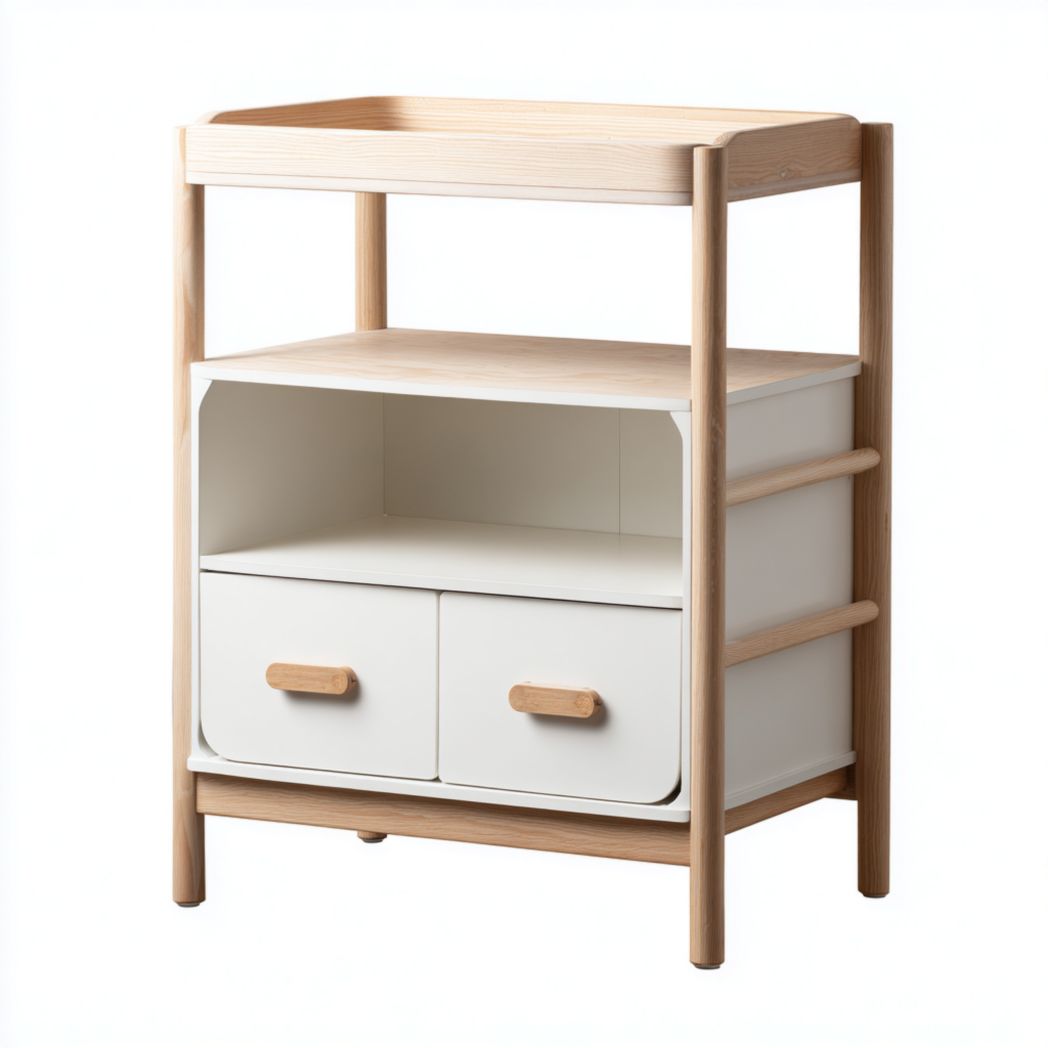 Commode enfant blanc cassé à structure en bois naturel avec portes de rangement