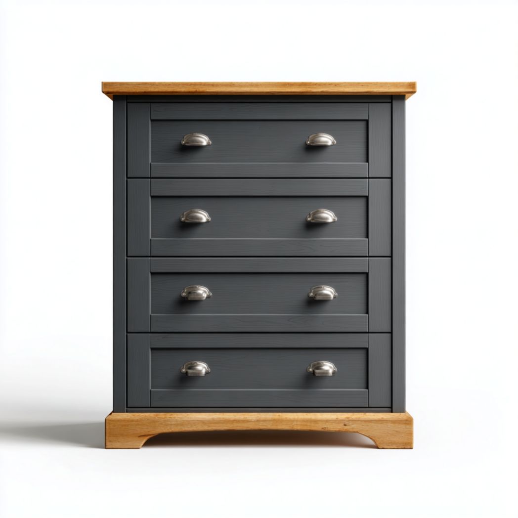 Commode gris foncé et bois naturel à quatre tiroirs avec poignées métalliques argentées