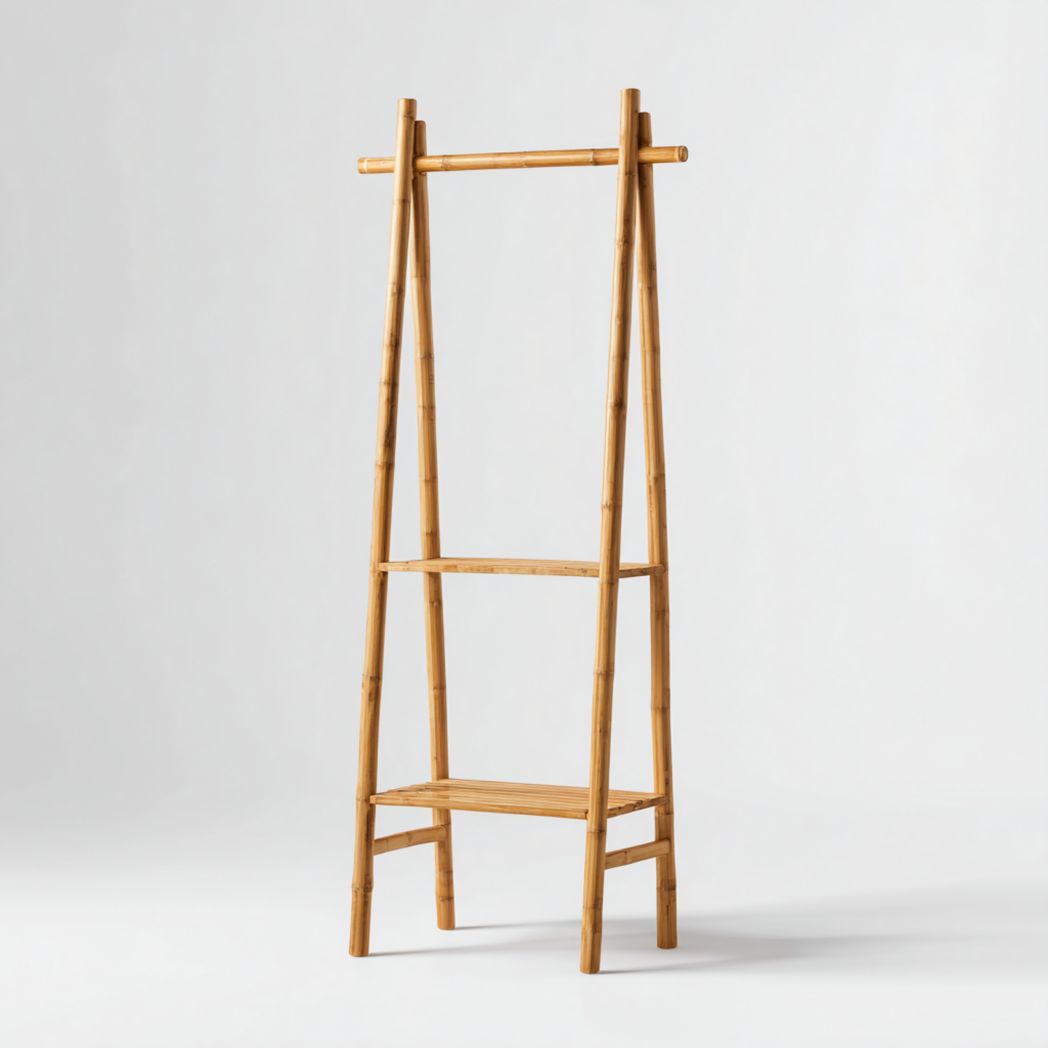 Portemanteau sur pied en bambou avec deux étagères de rangement