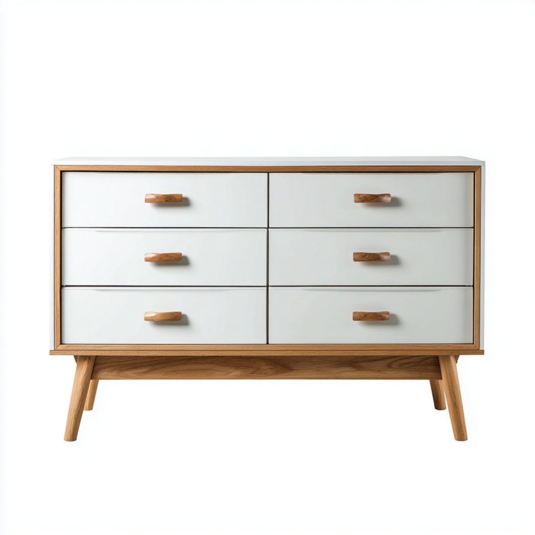 Commode blanche à six tiroirs avec poignées et pieds en bois naturel