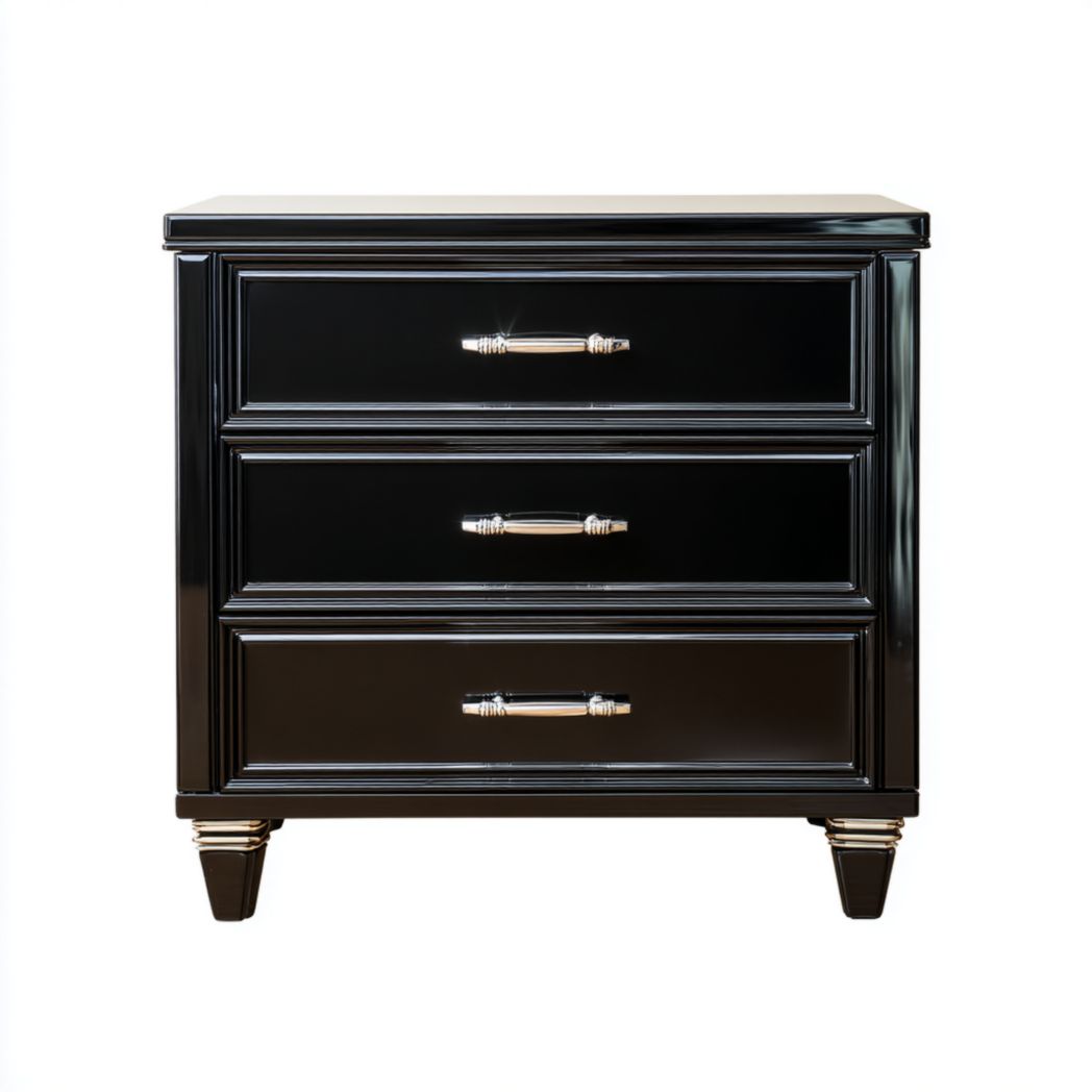 Caisson de bureau noir laqué à trois tiroirs avec poignées métalliques