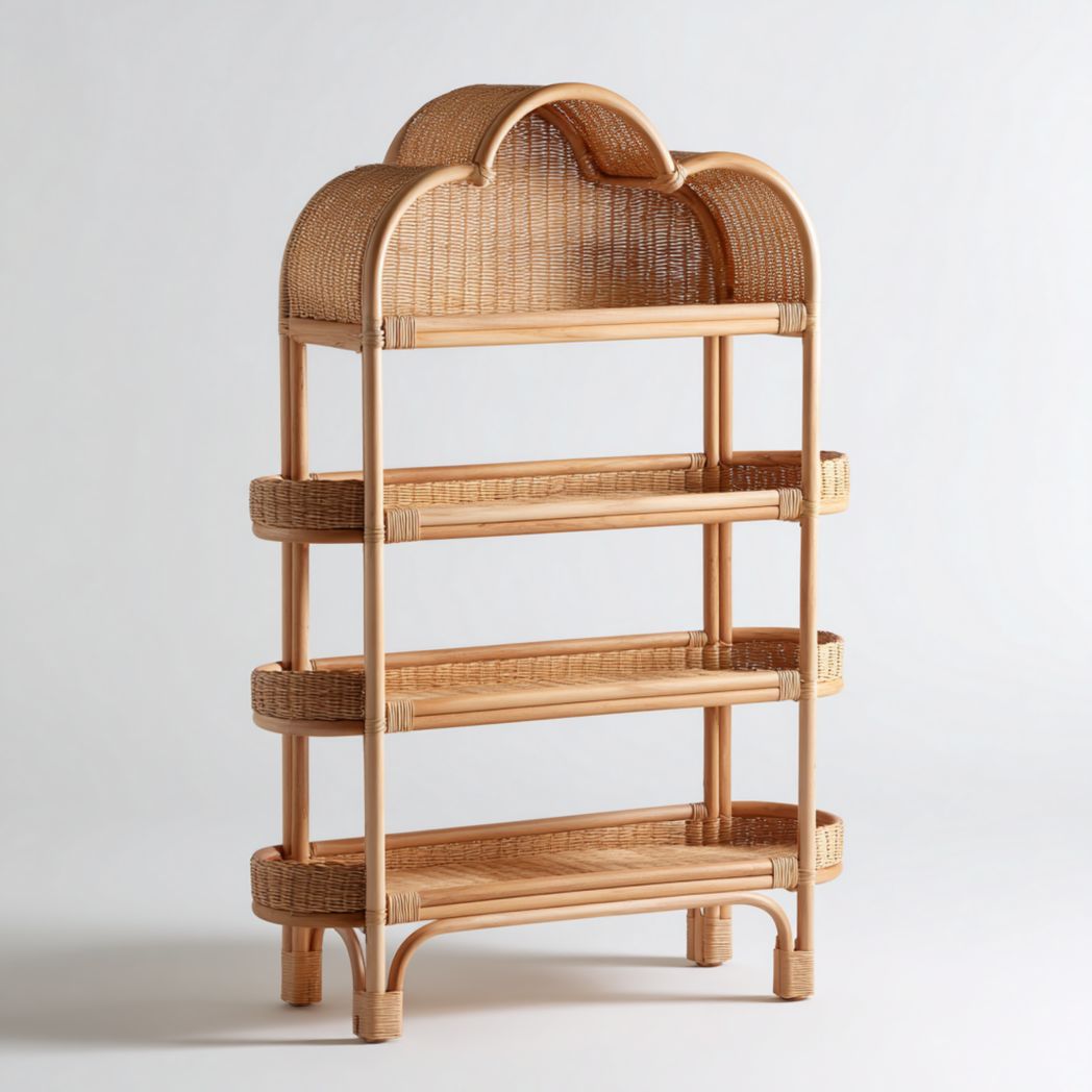 Étagère enfant en rotin et bois naturel à quatre niveaux