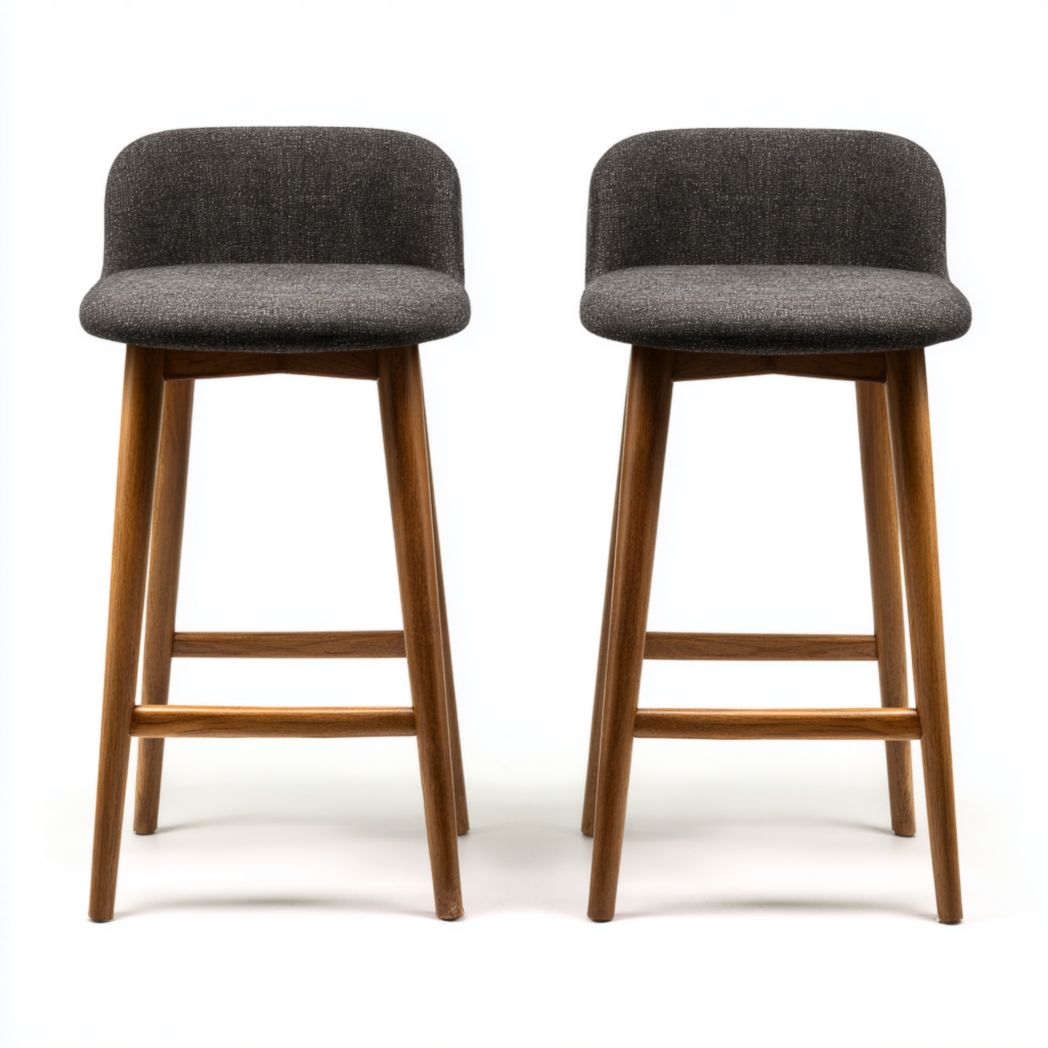 Lot de 2 tabourets de bar en tissu gris foncé avec pieds en bois massif couleur bois naturel