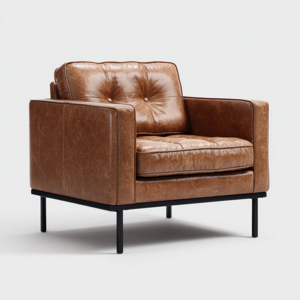 Fauteuil en cuir synthétique marron - style industriel avec pieds en métal noir