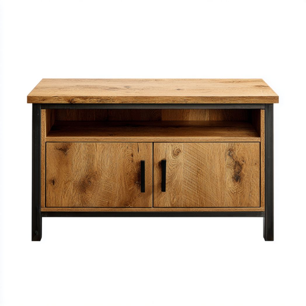 Meuble TV en chêne avec structure en métal noir et rangements fermés