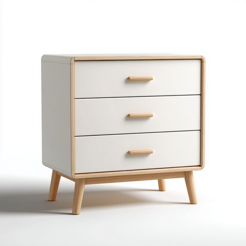 Commode enfant blanc cassé et bois naturel à 3 tiroirs avec pieds en bois