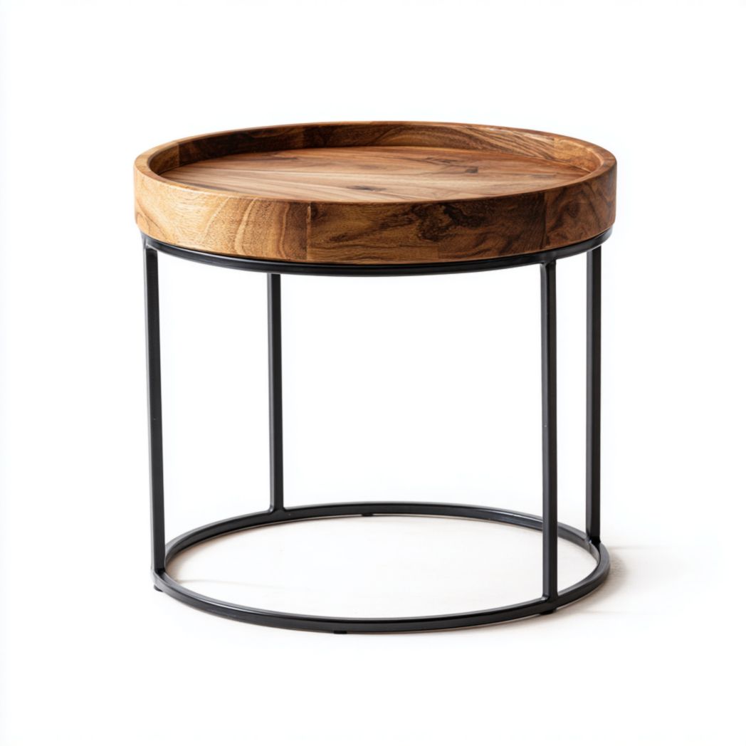 Table d’appoint ronde en bois avec structure en métal noir