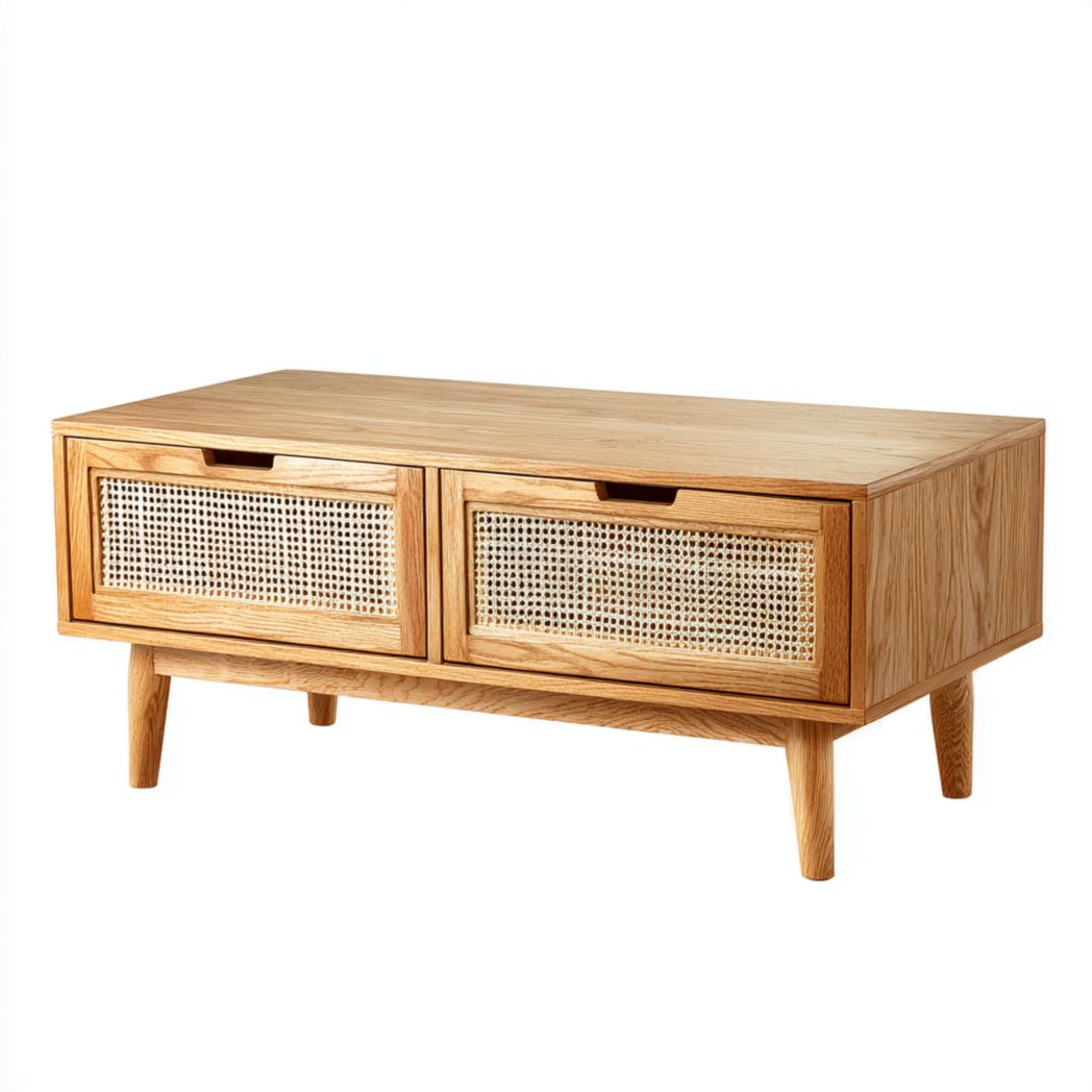 Meuble TV en chêne avec tiroirs en rotin beige naturel et pieds en bois