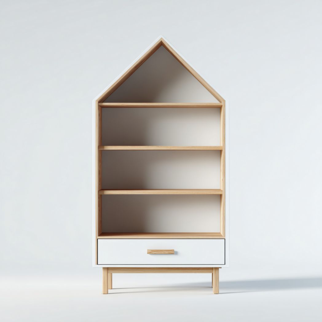 Bibliothèque enfant maison blanche et bois naturel avec tiroir de rangement et étagères ouvertes
