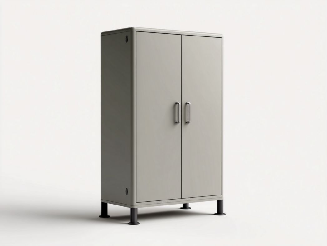 Armoire métallique grise à deux portes, poignées argentées et pieds fixes en métal noir