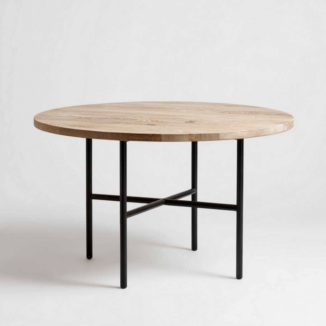 Table à manger ronde en bois massif couleur bois naturel avec pieds en métal noir