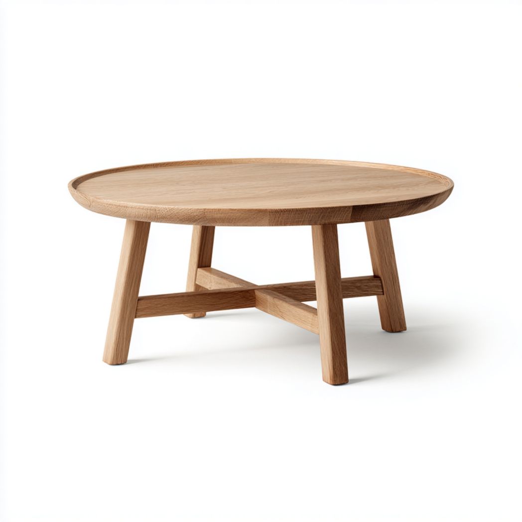 Table basse ronde en chêne naturel avec piètement croisé