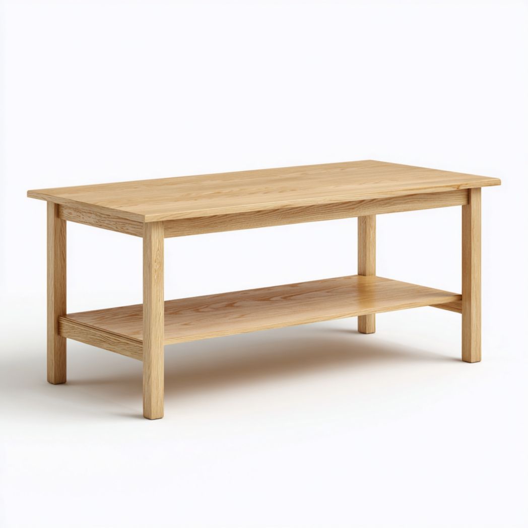 Table basse en bois massif couleur chêne avec étagère de rangement