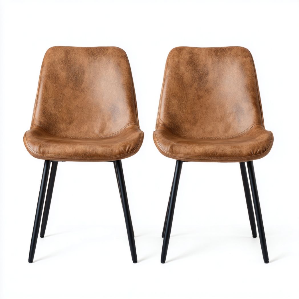 Lot de 2 chaises de salle à manger en similicuir marron avec pieds en métal noir