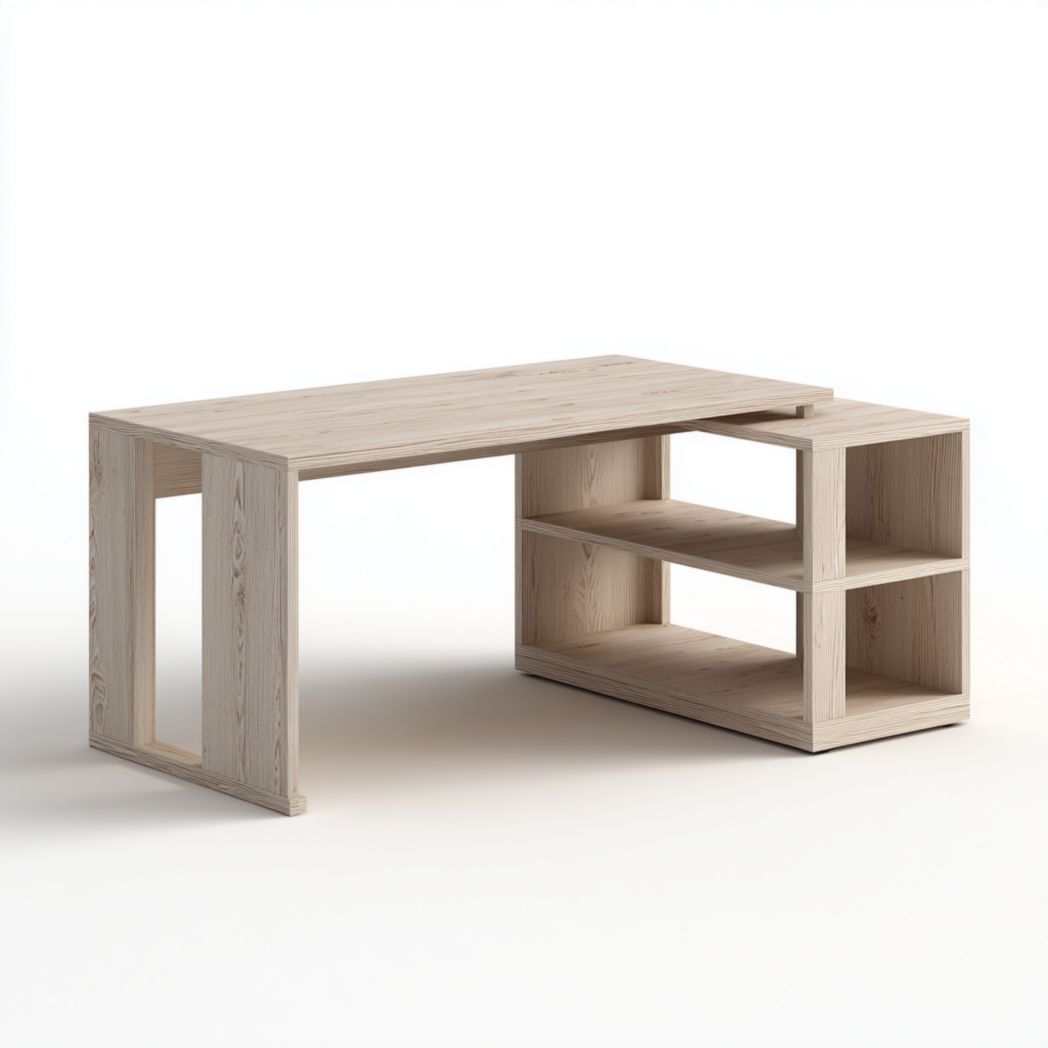 Bureau d’angle en bois naturel avec étagères ouvertes