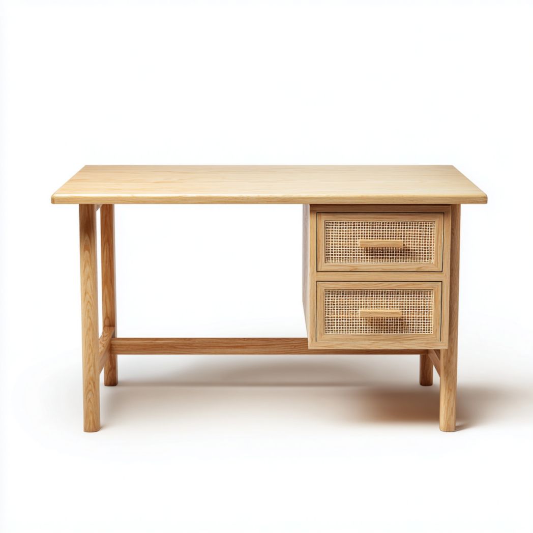 Bureau en bois naturel avec deux tiroirs en rotin et poignées en bois, structure en bois massif